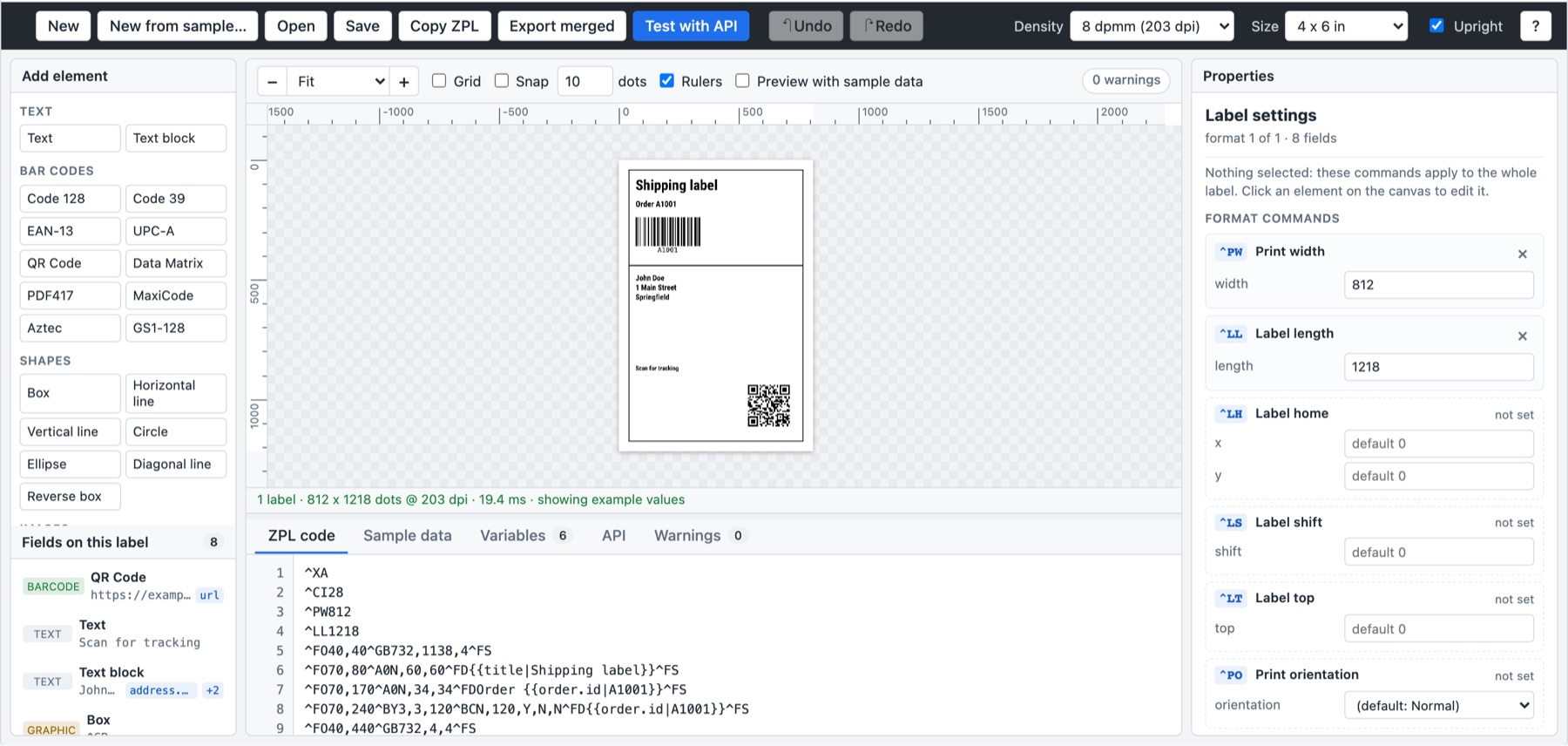 The label editor with a shipping label, its fields and its ZPL