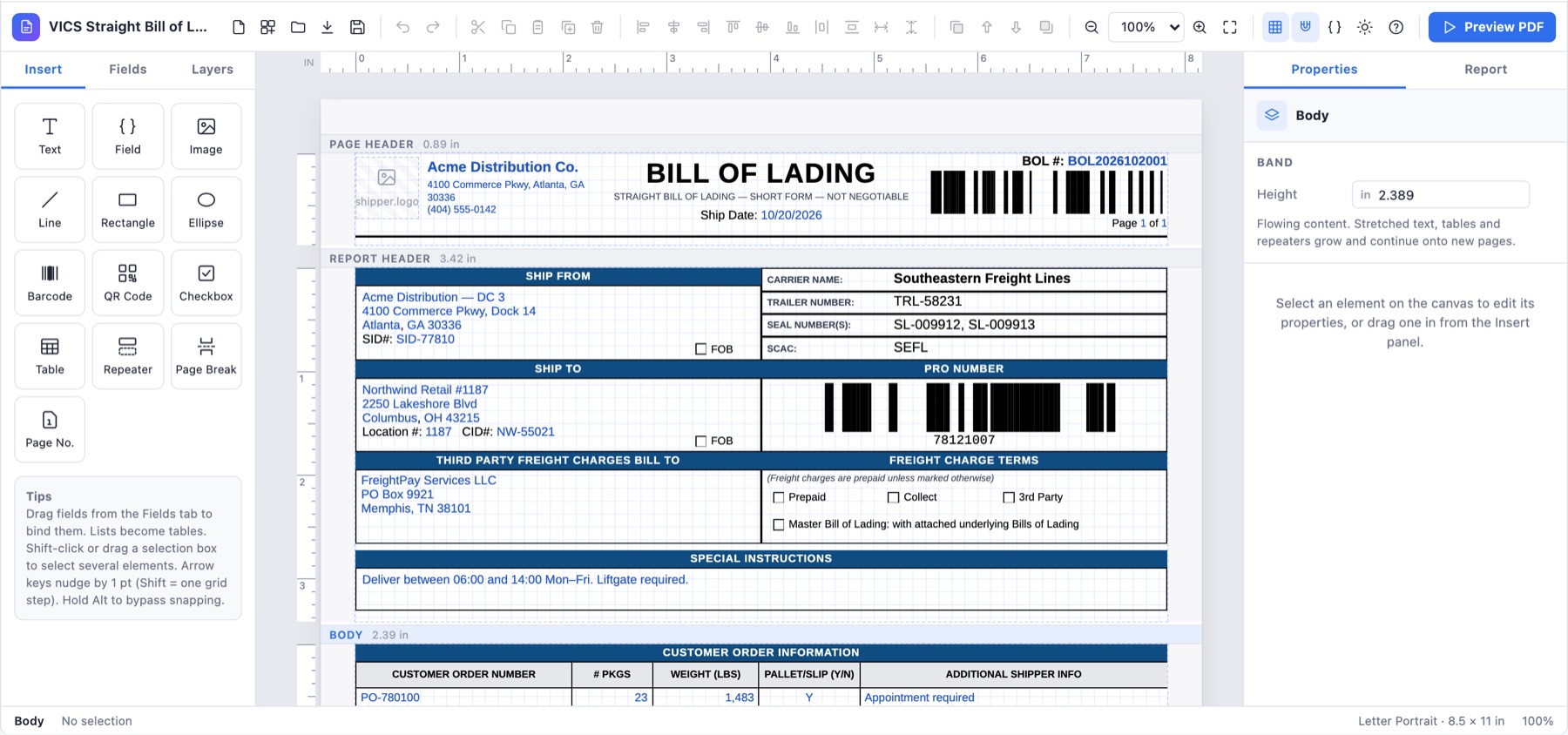 The report designer editing a bill of lading