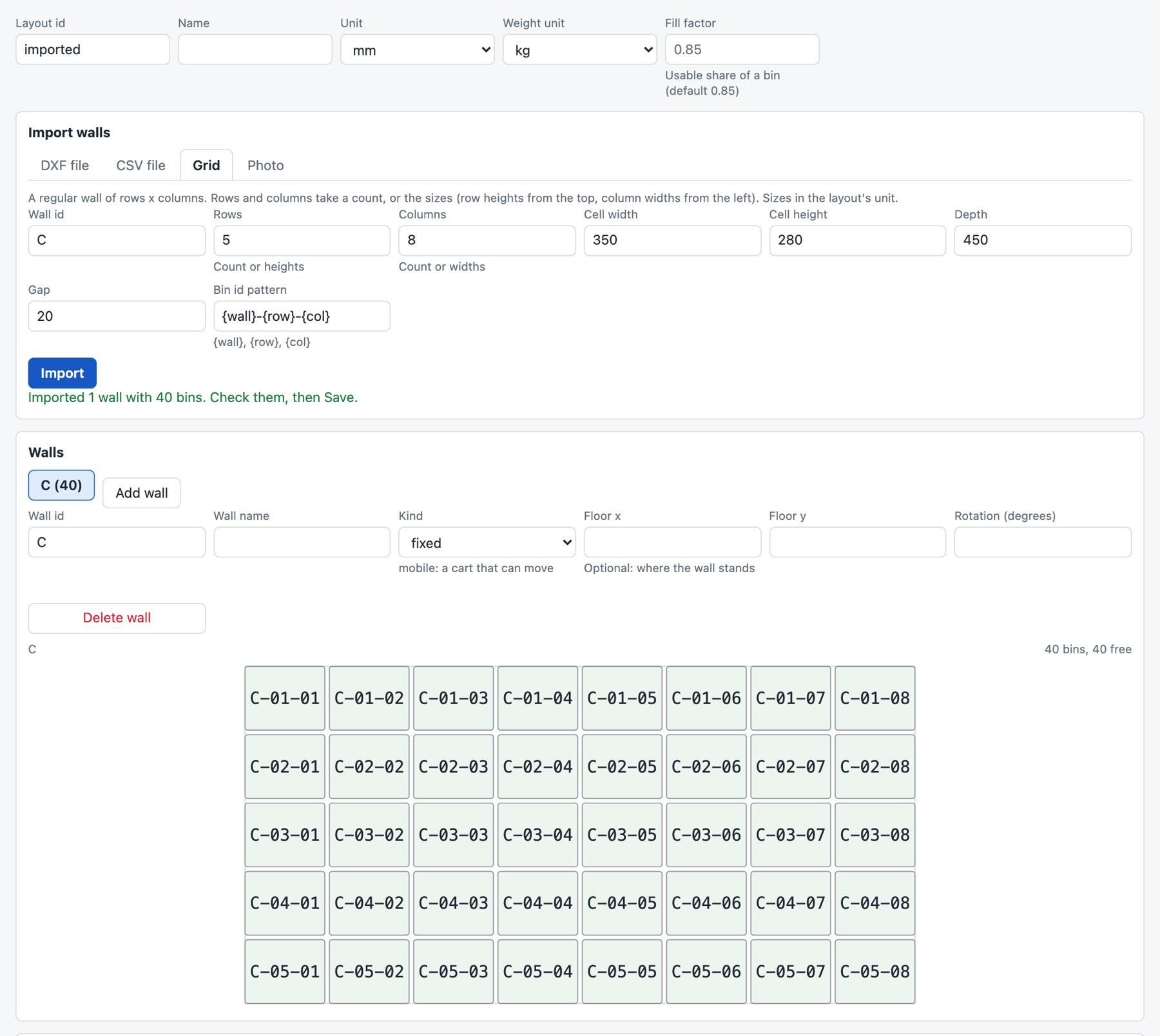 The setup editor with an imported grid wall and its bin table